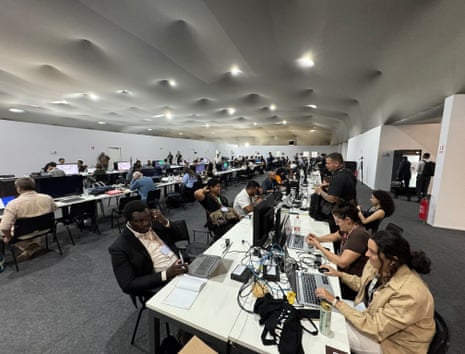 Journalists working in the Cop30 media centre.