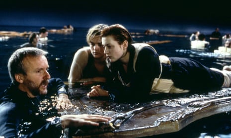 James Cameron, left, with Leonardo DiCaprio and Kate Winslet during the filming of Titanic