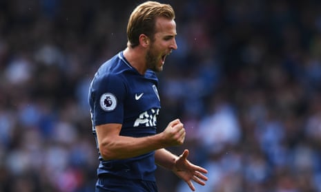 Harry Kane celebrates scoring of Tottenham’s third goal, his second, in the 4-0 Premier League win at Huddersfield Town
