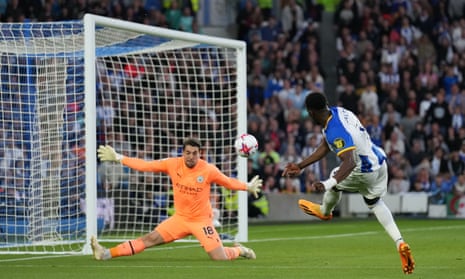 Danny Welbeck of Brighton puts the ball in the net against Manchester City but its disallowed for offside.