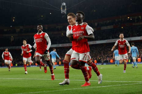 Arsenal’s Bukayo Saka celebrates after scoring their equaliser.