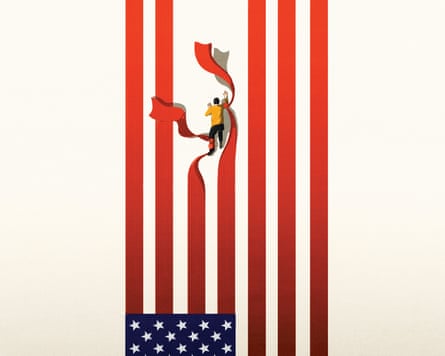 An illustration of a person against a large American flag, turned on its sides so that its red stripes are vertical and the white stars against a blue background are just visible at the bottom. The person is pulling down two of the flag’s red stripes.
