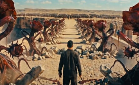 Screenshot from AI-generated series Castle Walls, showing a man with back to the camera facing an army in the distance, with strange rose-like figures flanking his path