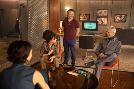 What on Earth? … (from left) Sydney Chandler, Essie Davis, Noah Hawley and Timothy Olyphant on the set of Alien: Earth.