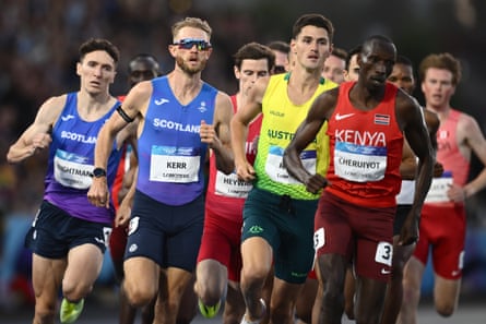 Timothy Cheruiyot, Josh Kerr and Cameron Myers lead the field during the men’s one mile final at the Glasgow 2026 Commonwealth Games.