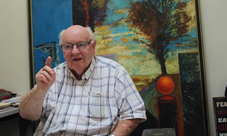 Father Bob Maguire, parish priest at St Peter and Paul’s in South Melbourne for nearly 40 years and former co-host of Sunday Night Safran on Triple J for a decade, at the headquarters of the Father Bob Foundation in Albert Park.