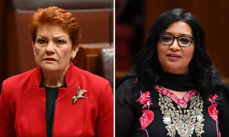 The One Nation leader Pauline Hanson and Greens senator Mehreen Faruqi