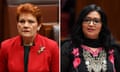 The One Nation leader Pauline Hanson and Greens senator Mehreen Faruqi