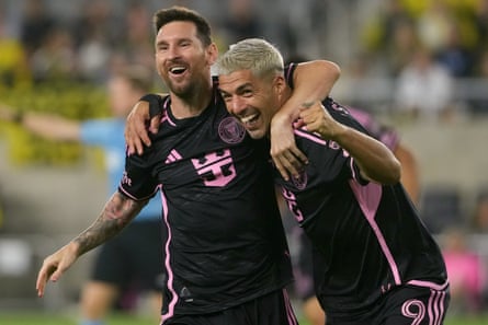 Lionel Messi, left, and Luis Suárez of Inter Miami celebrate a goal during the second half of a match against the Columbus Crew earlier this month at Lower.com Field.