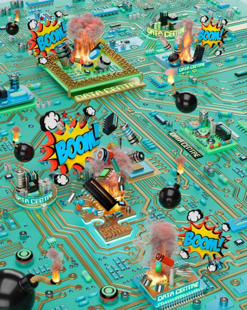 An illustration of a circuit board dotted with small fires, bombs and comic-book-style ‘BOOM!’s