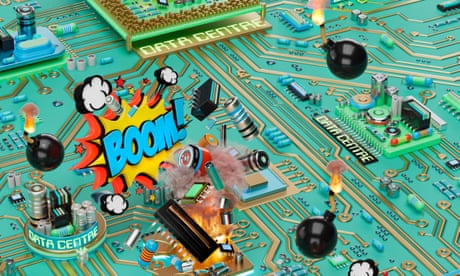 An illustration of a circuit board dotted with small fires, bombs and comic-book-style ‘BOOM!’s