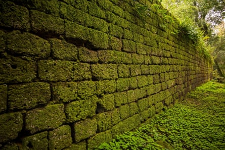 An ancient brick wall covered in moss in Ruinas Santa María la Mayor, Misiones, Argentina.