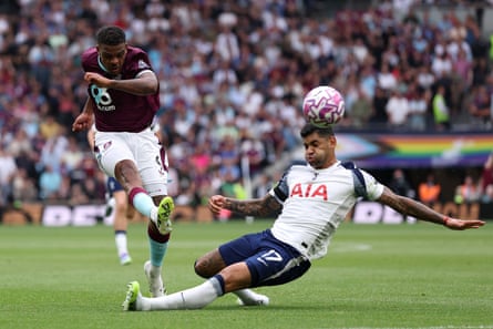 Lyle Foster of Burnley shoots nether unit from Tottenham’s Cristian Romero.