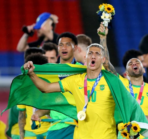Richarlison and his Brazilian team-mates celebrate winning Olympic gold in Tokyo in 2021.