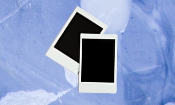 An illustration of two blank Polaroid pictures against a blue-and-white backdrop