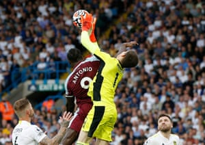 West Ham United’s Michail Antonio fouls Leeds United’s Illan Meslier.