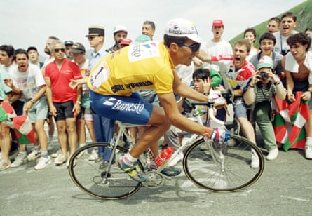 Miguel Indurain of Spain is cheered up Luz Ardiden in July 1994