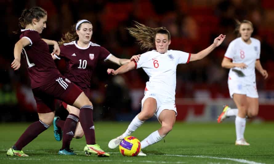 Ella Toone gets the better of two Latvia defender’s during November’s 20-0 World Cup qualifying victory.