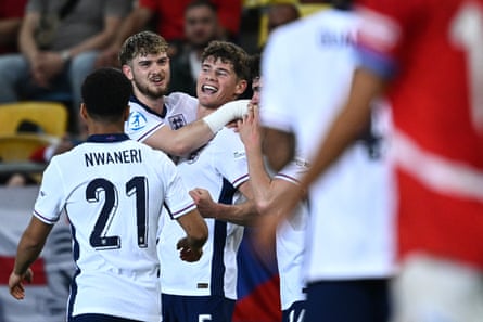 Charlie Cresswell celebrates after scoring for England against Czechia in the Under-21s Euros in 2025.