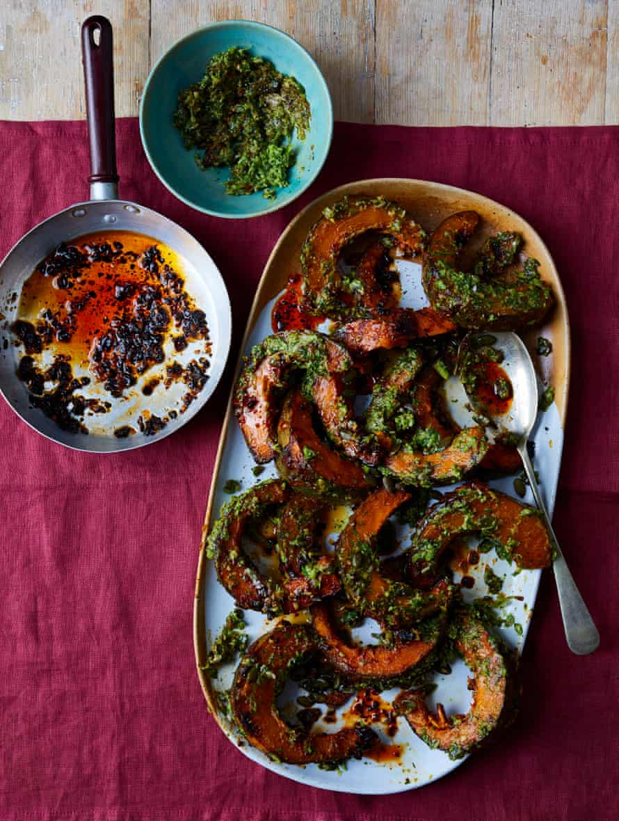 Yotam Ottolenghi’s chipotle roast pumpkin with pumpkin seed salsa and chipotle oil.