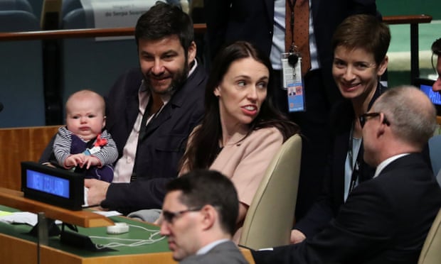 New Zealand prime minister Jacinda Ardern sits with her baby Neve before speaking at the Nelson Mandela Peace Summit during the 73rd United Nations General Assembly in New York