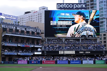 A tribute to former San Diego Padres player Sean Burroughs is displayed on the video board before the Friday’s game against the Los Angeles Dodgers at Petco Park.