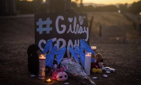 A makeshift memorial pays tribute to the victims of the Gilroy garlic festival shooting on 28 July 2019.