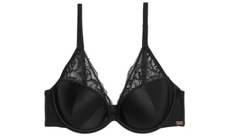 A black silk and lace bra on a white background