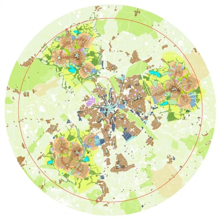 A plan showing how multiple extensions to existing towns and cities could be created by taking “confident bites” out of the countryside.