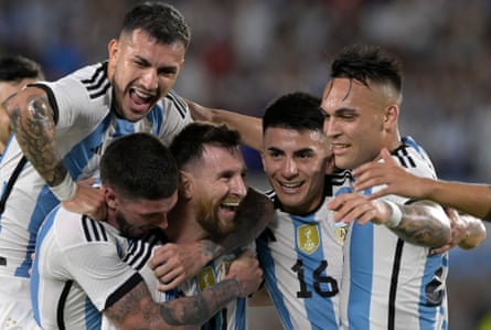 Lionel Messi celebrates after scoring in the friendly win over Panama, Argentina’s first game since winning the World Cup in December