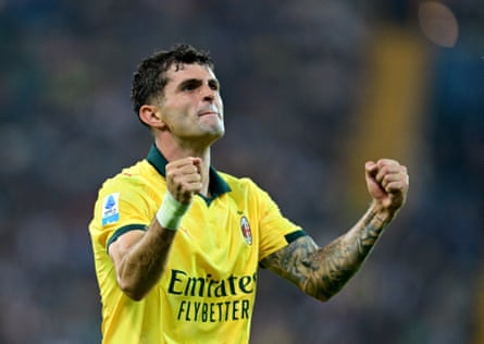 Christian Pulisic celebrates scoring Milan’s third goal at Udinese.