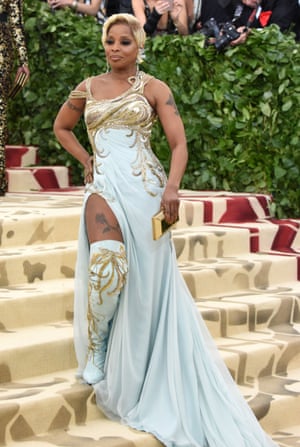 Versace, Versace, Versace: Mary J Blige paid homage to the Italian house with her turquoise dress and boots, complete with gold, baroque-inspired embroidery.