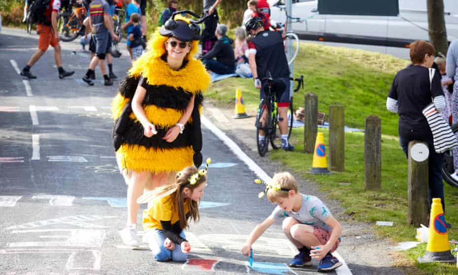 Helen Pidd dressed as a Mancunian worker bee as part of the Walk Ride Romiley campaign.