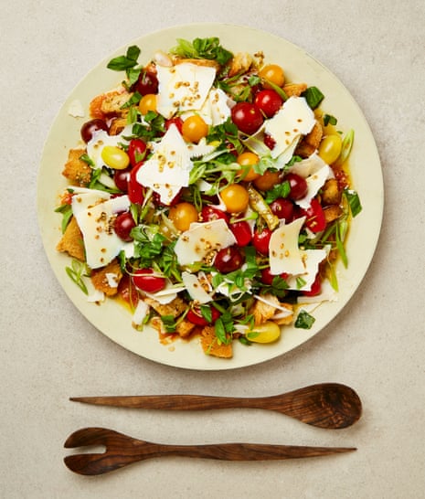 Yotam Ottolenghi’s tomato salad with ricotta and a coriander seed and lemon oil. 