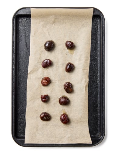 04b Felicity Cloake perfect mont blanc . Lift out the chestnuts form the glaze, leave to dry on a second lined tray (the remaining chestnut syrup is great in cocktails, or can be used, to taste, instead of sugar in the chestnut puree below).