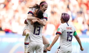 Rose Lavelle celebrates with Alex Morgan and Megan Rapinoe after doubling the USA’s lead.