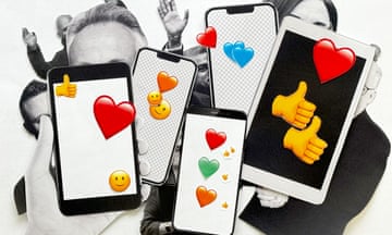 A mash-up of mobile phones with emojis.