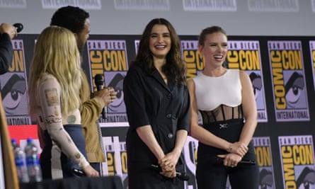 Florence Pugh, O.T. Fagbenle, Rachel Weisz and Scarlett Johansson speak on stage for the Marvel panel in Hall H of the Convention Center during Comic Con.