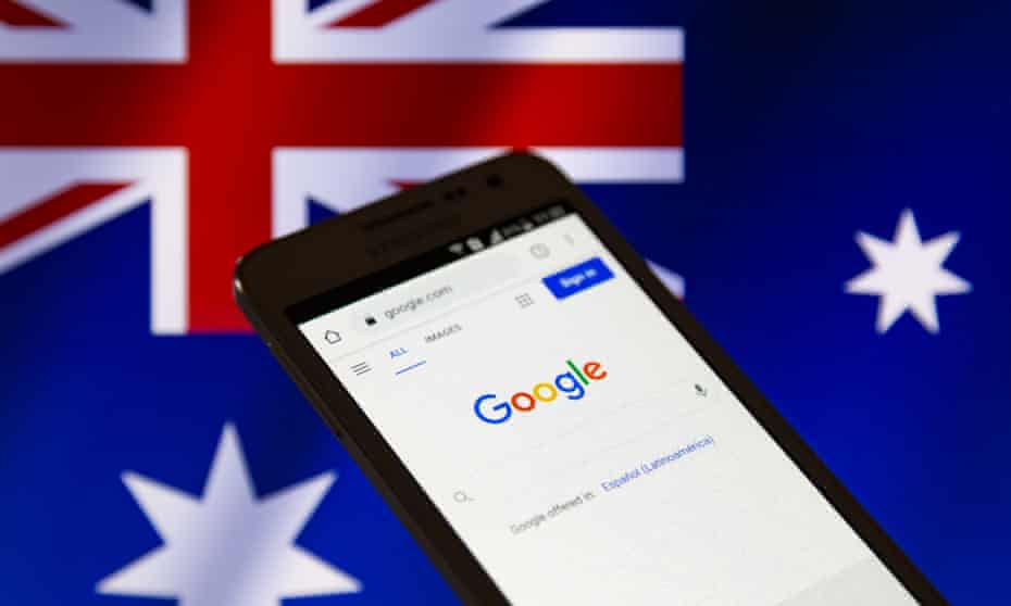 Google seen on a smartphone in front of an Australian flag