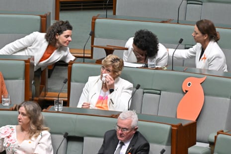 Independent member for Wentworth Allegra Spender, Independent member for Kooyong Monique Ryan Independent member for Mackellar Sophie Scamps and Independent member for Warringah Zali Steggall during tributes to Independent member for Indi Helen Haines.