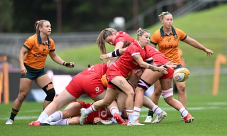 Keira Bevan passes the ball for Wales against Australia’s Wallaroos at Ballymore Stadium
