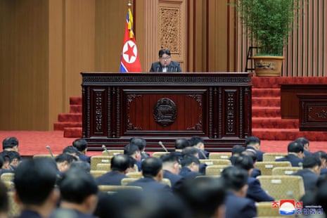 In this photo provided by the North Korean government, North Korean leader Kim Jong Un speaks at the Supreme People’s Assembly in Pyongyang, North Korea on Monday