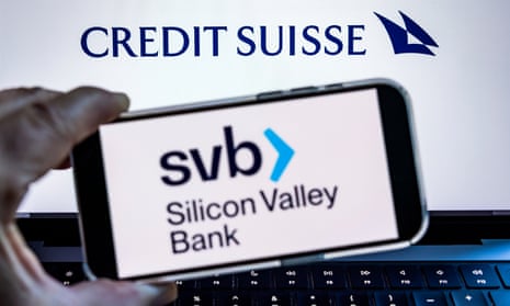 Silicon Valley Bank and Credit Suisse logos on a screen