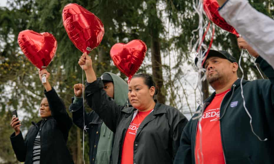 Family and friends of Alyssa McLemore, and members of the Missing and Murdered Indigenous Women movement gather at Morrill Meadows Park in Kent, Washington, on Sunday 7 April 2019.