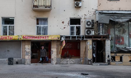 A shopfront damaged by rocket fire in Donetsk, Ukraine, December 2022