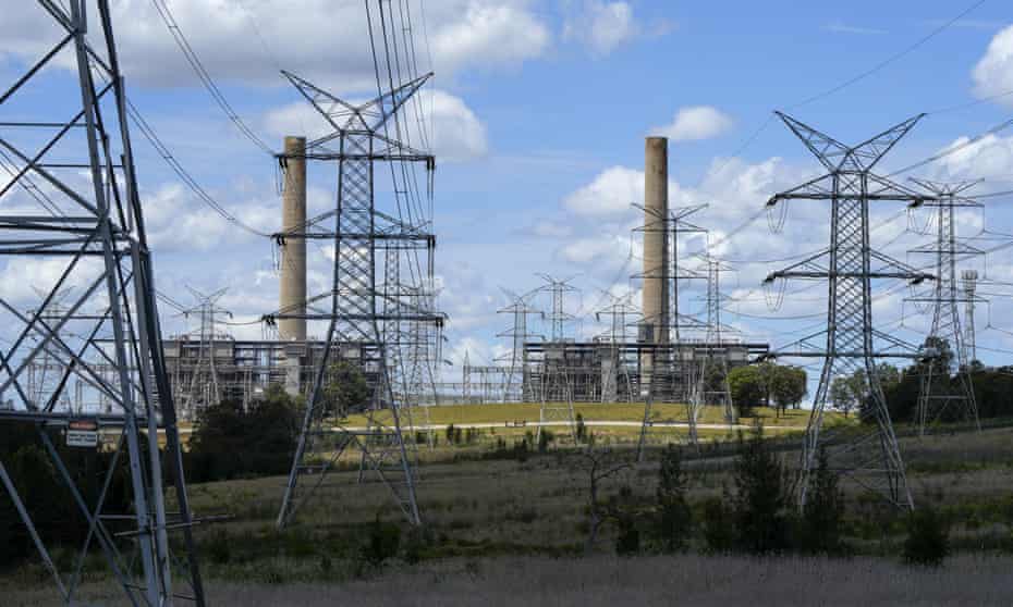 Power lines lead from the Liddell power station in the Hunter Valley, Australia