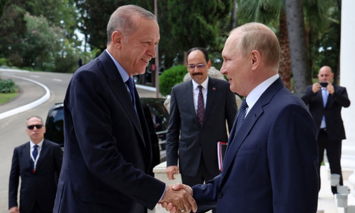 Russian President Putin meets with Turkish President Erdogan in SochiRussian President Vladimir Putin welcomes Turkish President Tayyip Erdogan during a meeting in Sochi, Russia August 5, 2022. Sputnik/Vyacheslav Prokofyev/Pool via REUTERS ATTENTION EDITORS - THIS IMAGE WAS PROVIDED BY A THIRD PARTY.