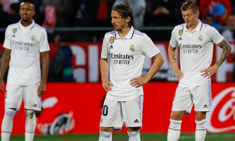 Luka Modric (centre) cuts a frustrated figure during Real Madrid’s 4-2 defeat to Girona on Tuesday
