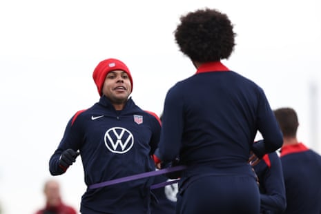 Weston McKennie and Chris Richards of the United States warm up during a training session before an international friendly match against Australia at Dick's Sporting Goods Park on Tuesday in Commerce City, Colorado.