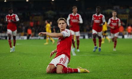Martin Ødegaard of Arsenal celebrates after scoring against Wolves